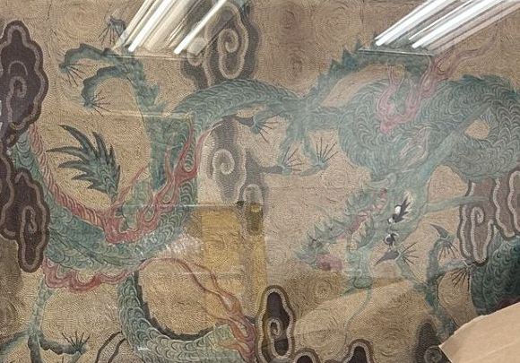Large ANTIQUE Asian Japanese or Chinese Dragon Silk Tapestry Acrylic Frame- 127"