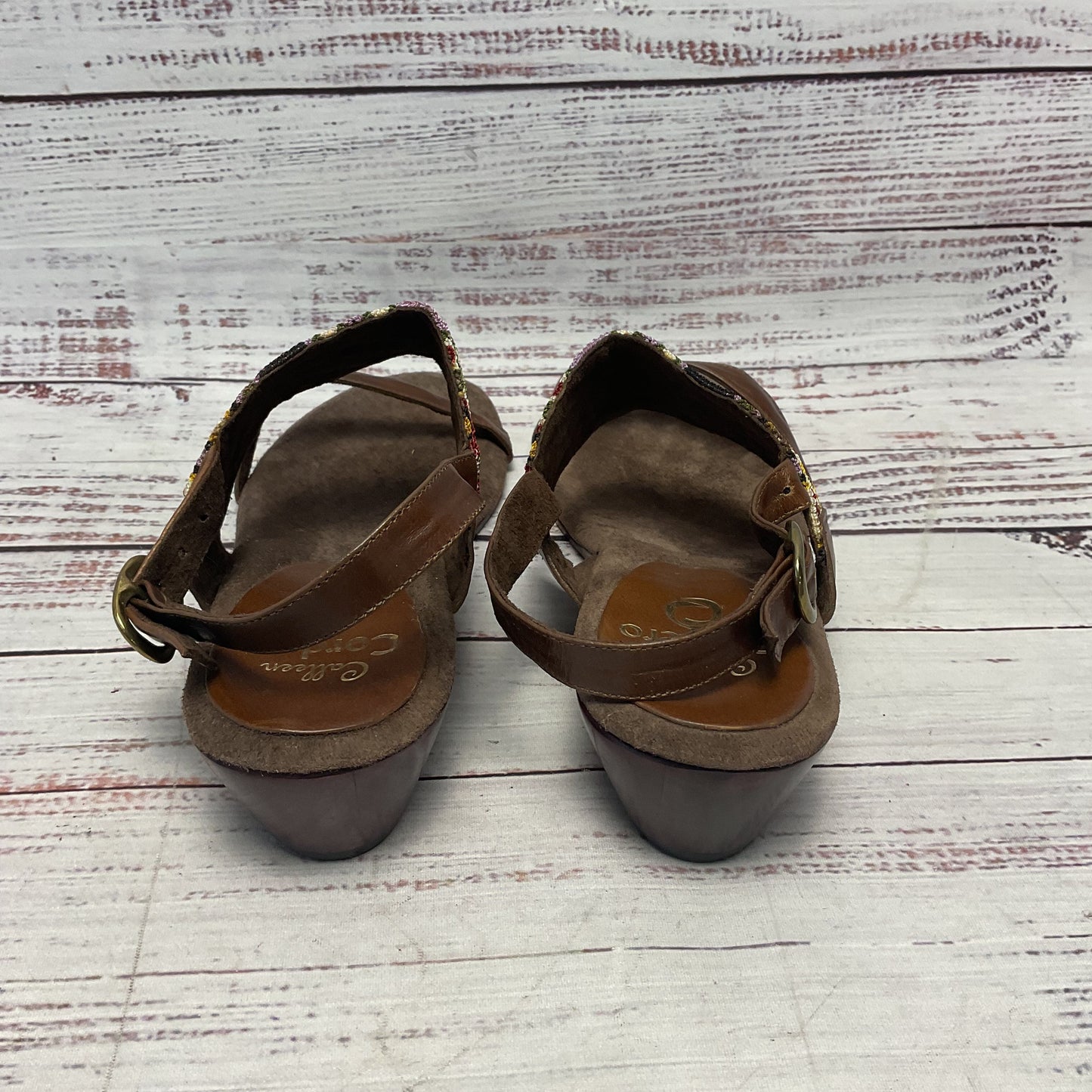 Colleen Cordero Brown Embroidered Leather Wedge Wood Clog Sandal Women 7