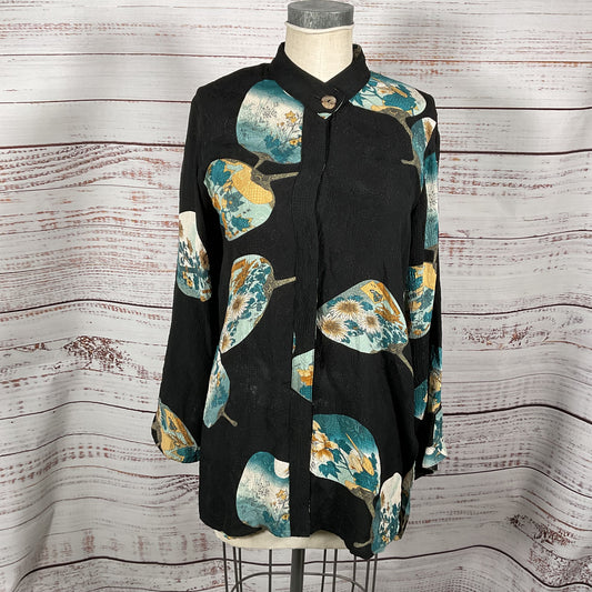 Citron Santa Monica Black Uchiwa Fan Pattern Silk Button Up Shirt - Size S