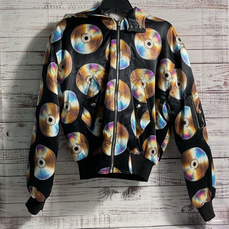 H&M Black CD All Over Print Hooded Bomber Jacket - Size XS