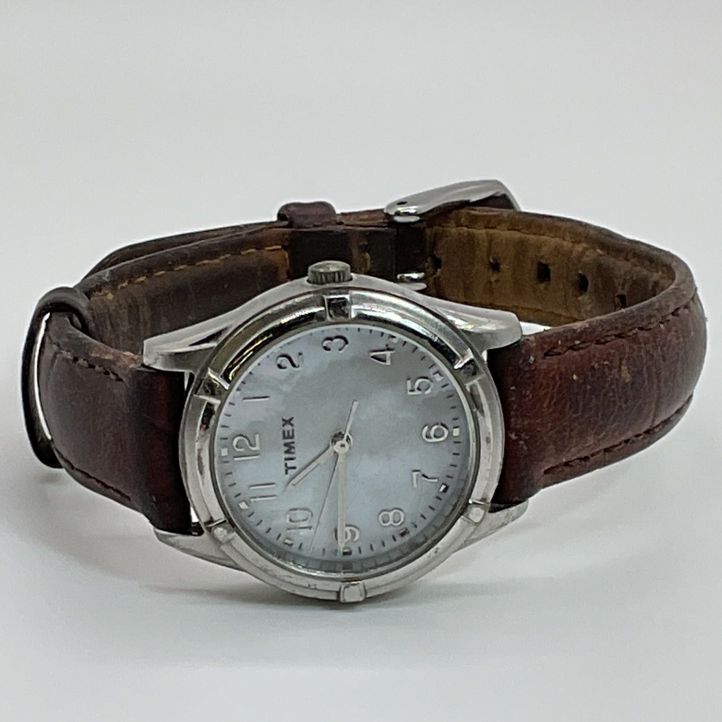 TIMEX SR626SW Cell Women's Silver Tone Mother of Pearl Dial Brown Leather Band
