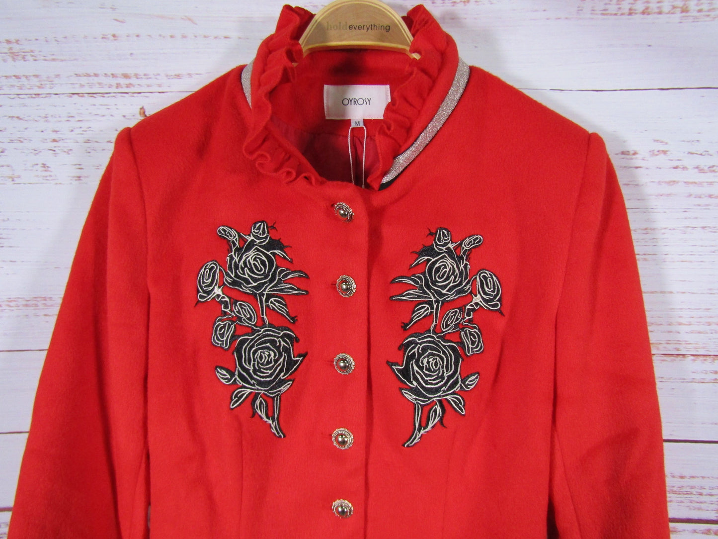 Oyrosy Women's Red Ruffled Stand-up Collar Rose Embroidered Jacket Size M
