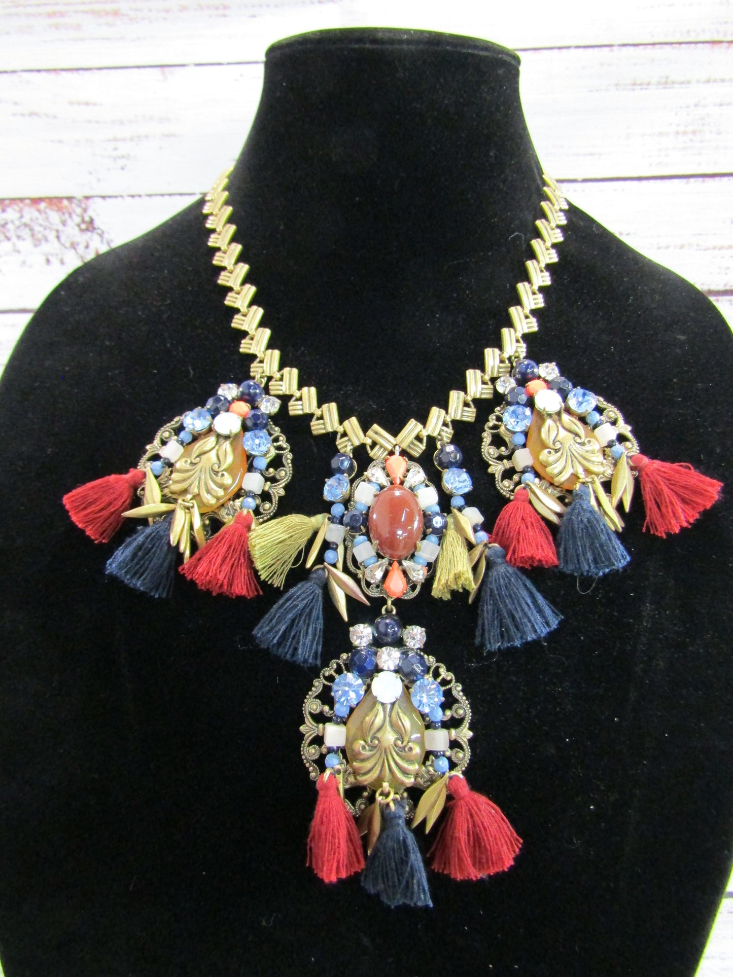 J. Crew Multi-Color Rhinestone Tassel Statement Necklace