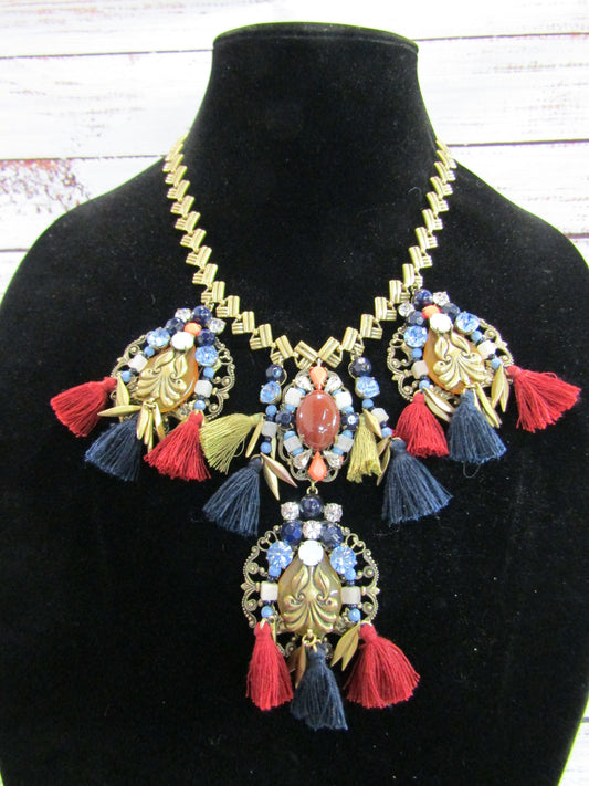 J. Crew Multi-Color Rhinestone Tassel Statement Necklace