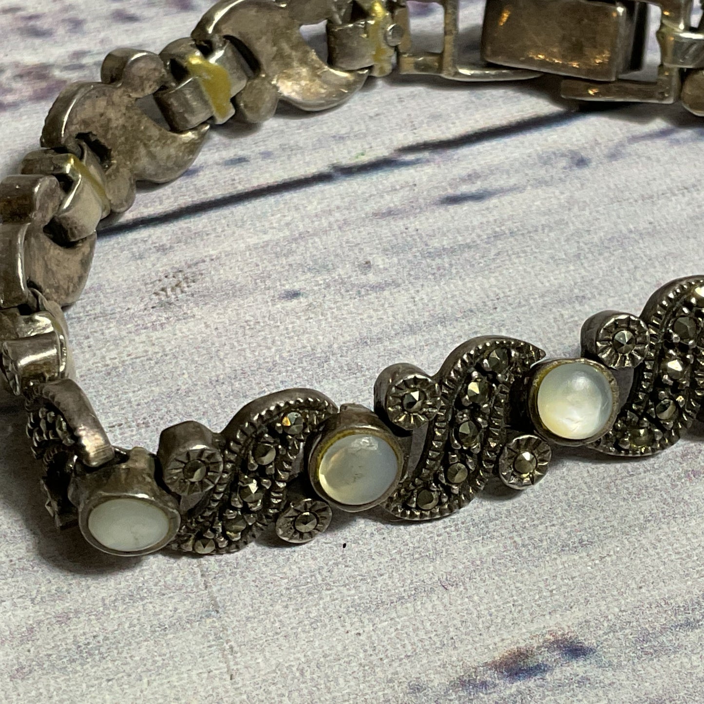 Sterling Silver & Moonstone, Marcasite Link 5.75" Bracelet- 20.29g