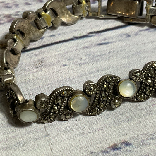 Sterling Silver & Moonstone, Marcasite Link 5.75" Bracelet- 20.29g