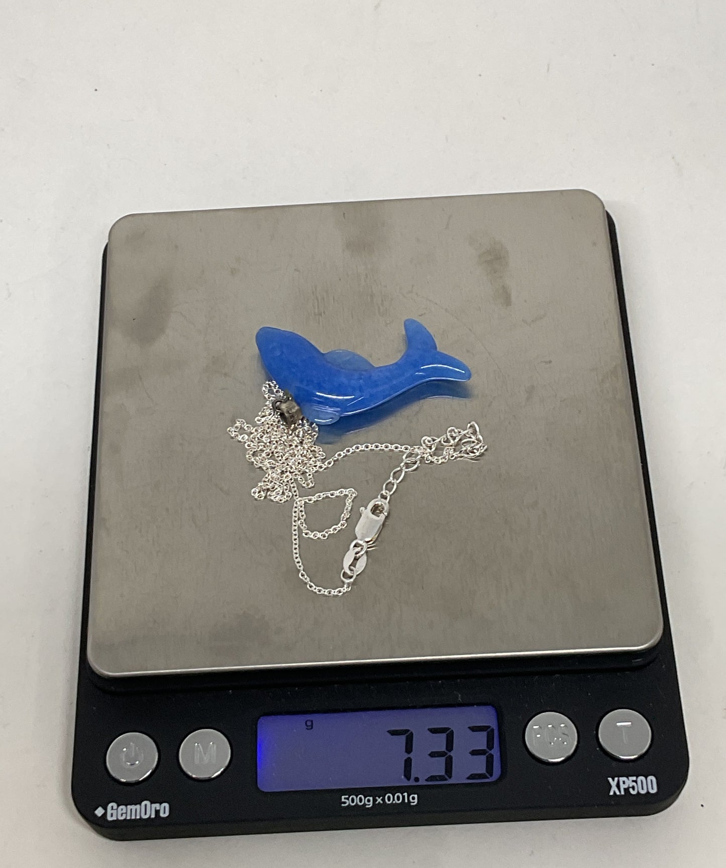 Blue Jade Dolphin Pendant Sterling Silver Chain Necklace