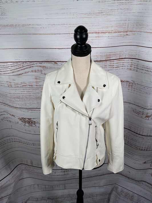 Club Monaco Women’s Asymmetrical Zippers Crepe Moto Jacket Winter White Size L