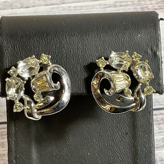 VTG. CROWN TRIFARI Art Deco Silver Tone Rhinestone Earrings