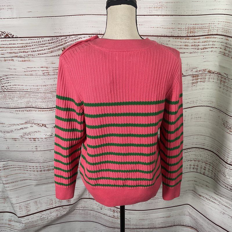Gant Rapture Rose Pink & Green Striped Ribbed Knit Cotton Sweater - Size M