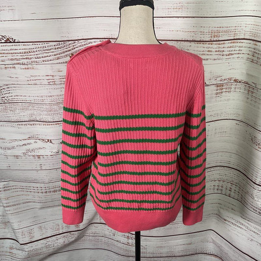 Gant Rapture Rose Pink & Green Striped Ribbed Knit Cotton Sweater - Size M