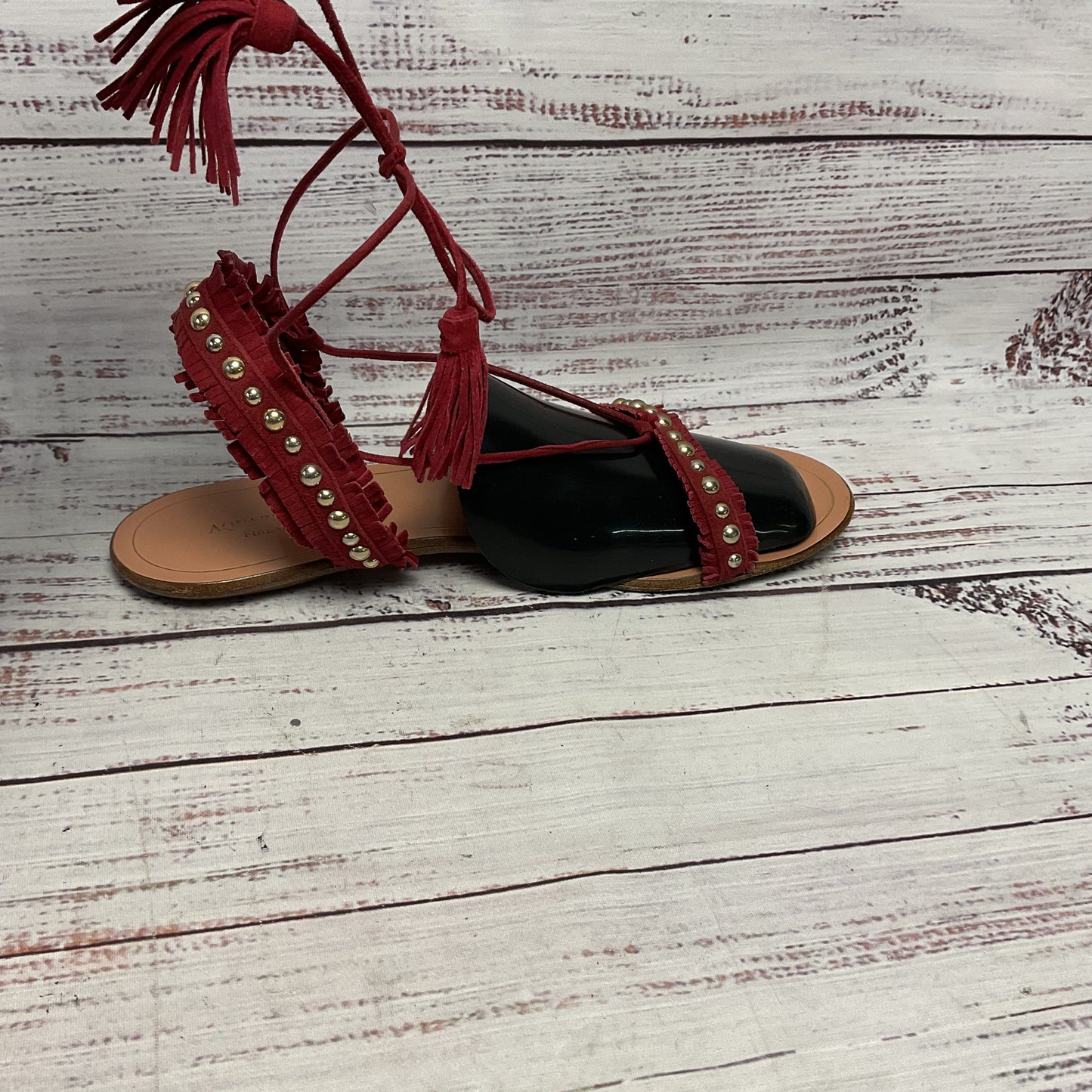 Aquazurra Careye Fringe Suede Red Cord Ankle Tie Sandal Women Size 9