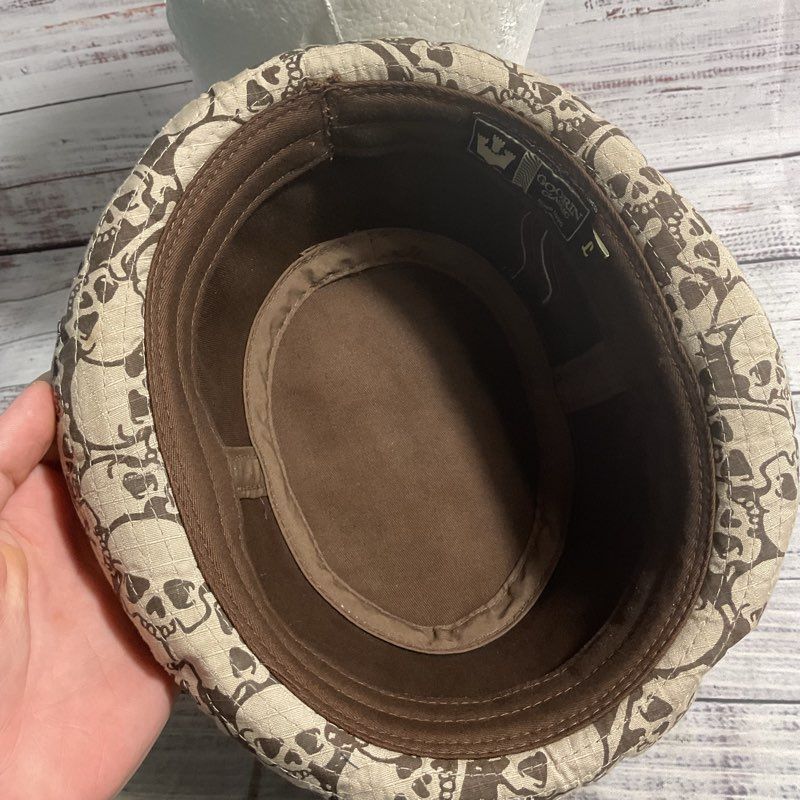 Goorin Beige/Brown Skull Print Fedora Trilby Emo Punk Goth Hat Rare Size Large
