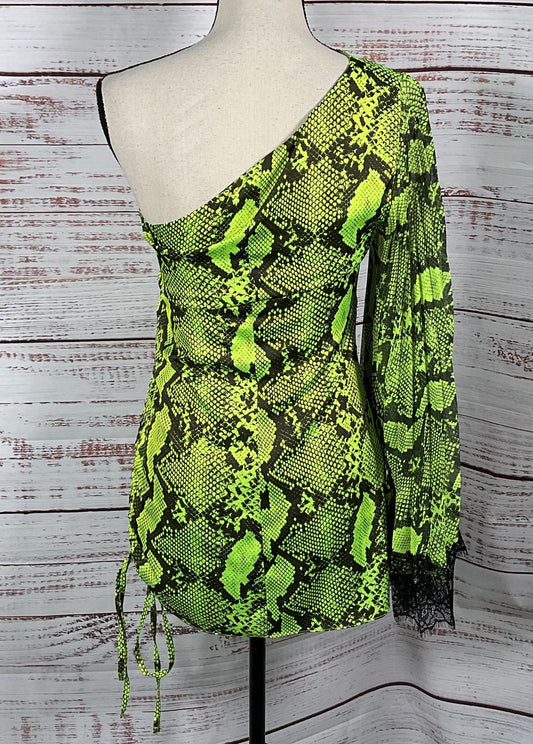 Atos Lombardini Snakeskin Print One Shoulder Dress Neon Green 40