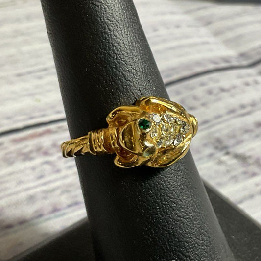 VTG. DAC Gold Tone Rhinestone Frog Ring- SZ 7 (MISSING 1 GREEN STONE)