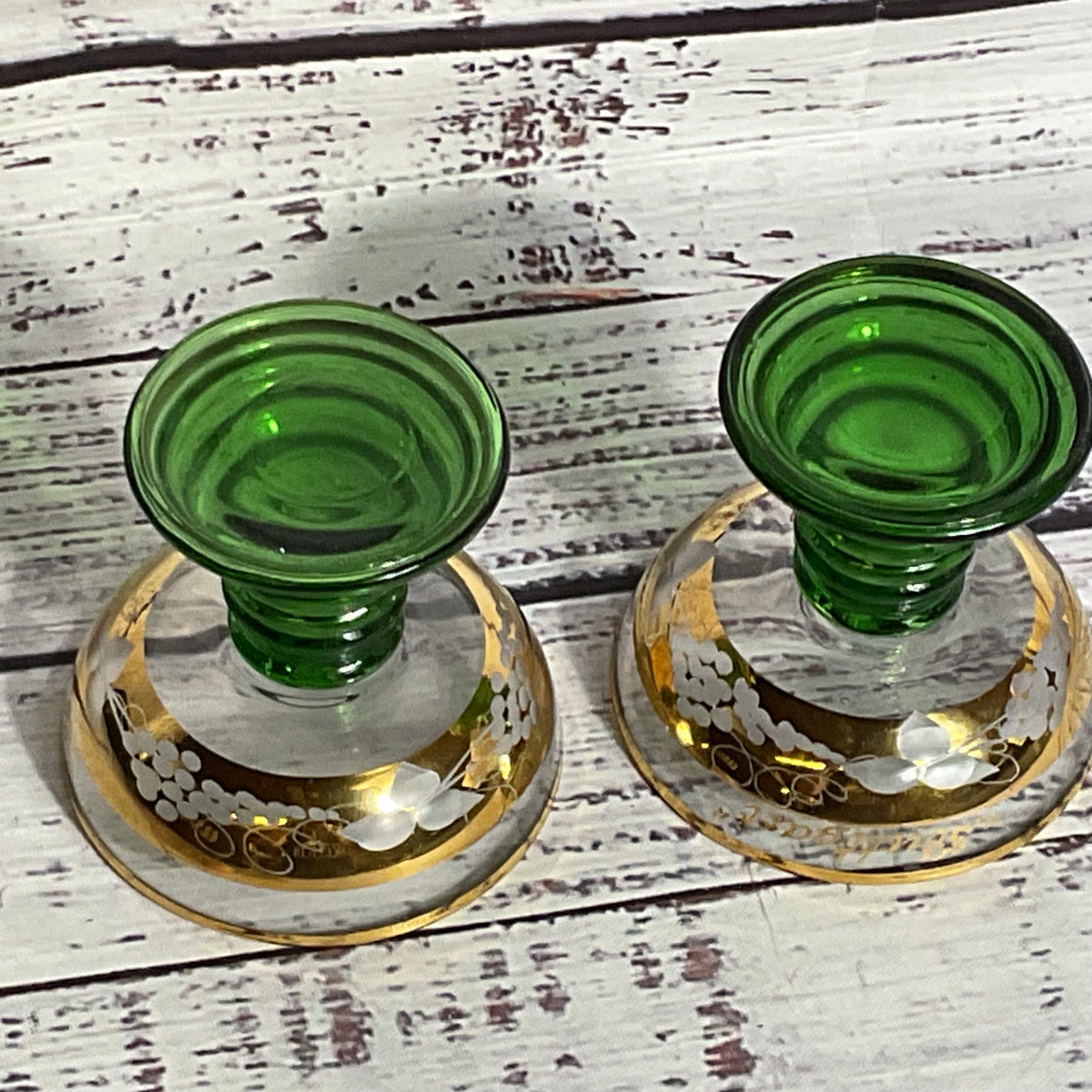 Set of 2 VTG. STUTTGART & ALTENSTEIG Green Gold Trim Cordial Glasses- 2.5"