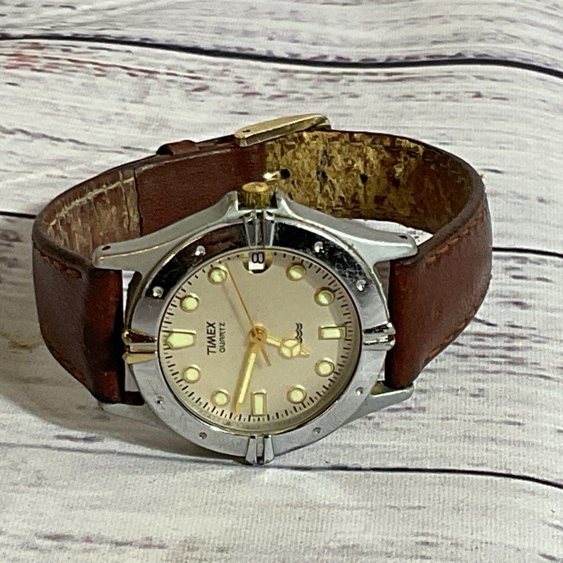 TIMEX Quartz Silver Tone with Brown Leather Band Ladies Watch