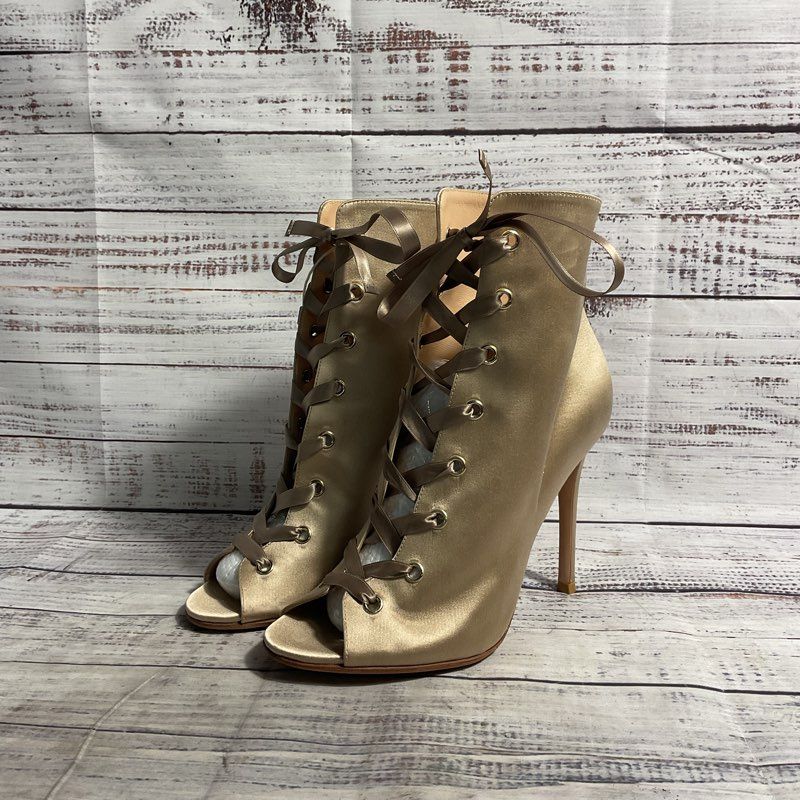 Gianvito Rossi Champagne Gold Satin Open Toe Ribbon Lace Stiletto Heel Women 36