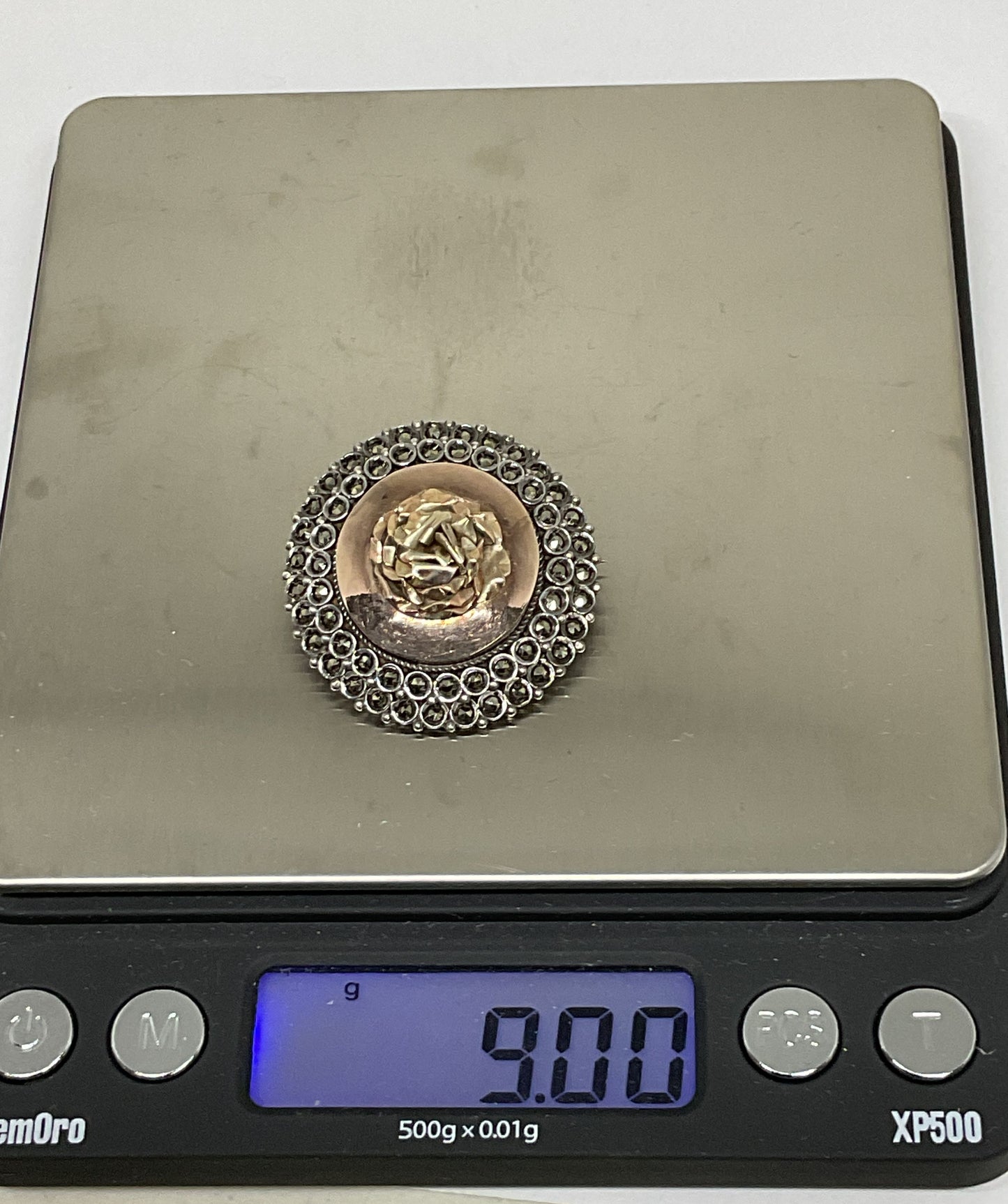 900 Sterling Silver Brooch with Copper & 9K Gold Accent