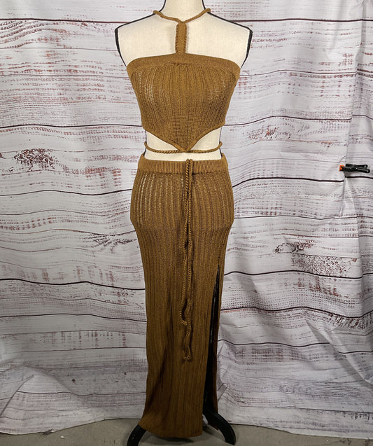 Michael Costello x Revolve Sylvan Knit Top And Skirt Dark Sand S