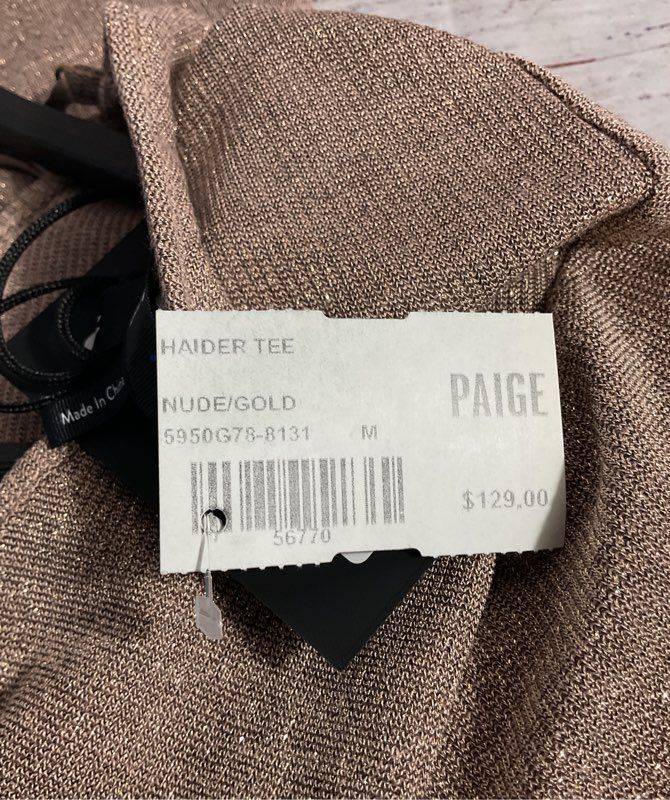 NWT Paige Women's Haider Tee Nude Gold Color Shimmer Short Sleeve Blouse Size M