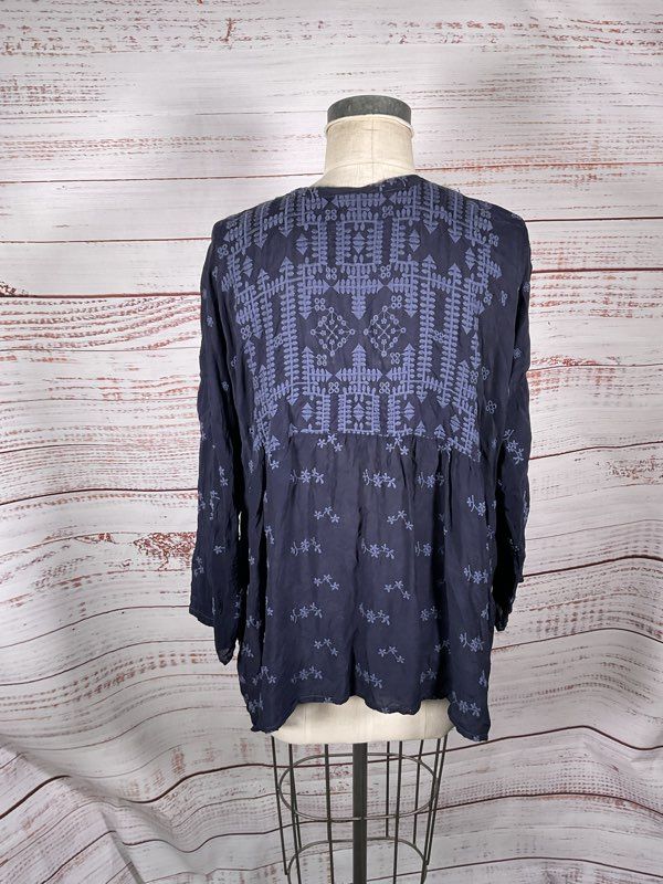 Johnny Was Women's Blue Tunic Embroidered Blouse Size S Cupra Rayon