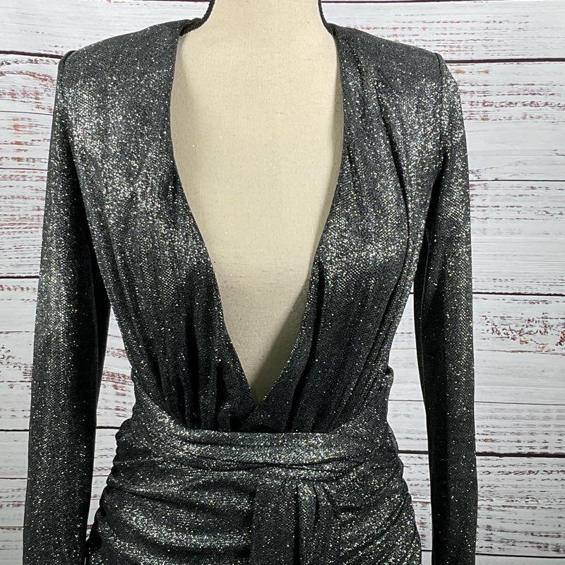 HOUSE of CB London Women Black Glitter Ruched Pleated Low V-Neck Dress- SZ XS