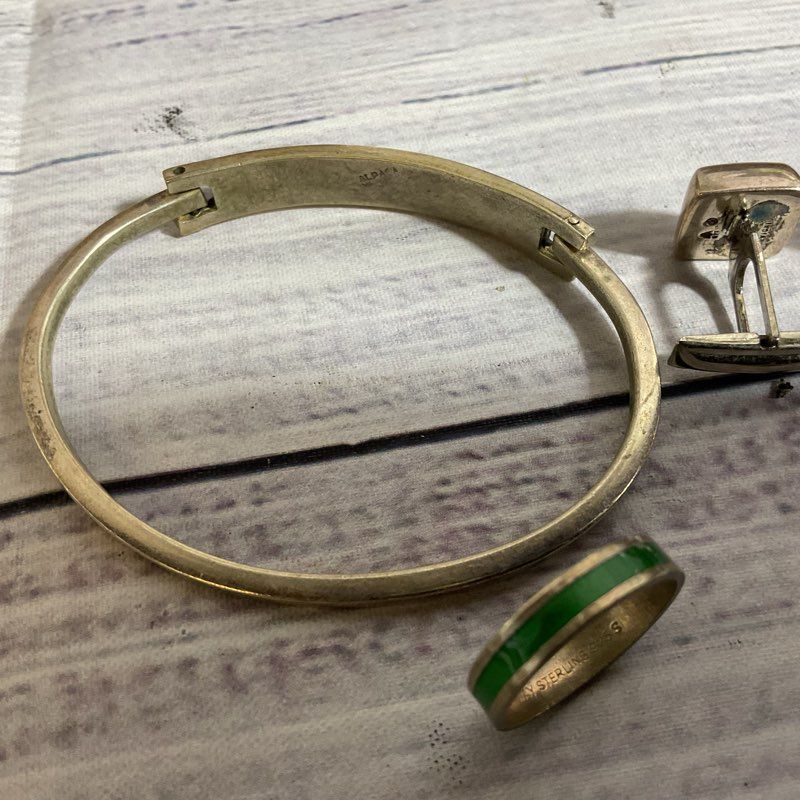 Lot Sterling Alpaca Bracelet, Norway Ring, India Cufflinks, Mex. Earrings 26.65g
