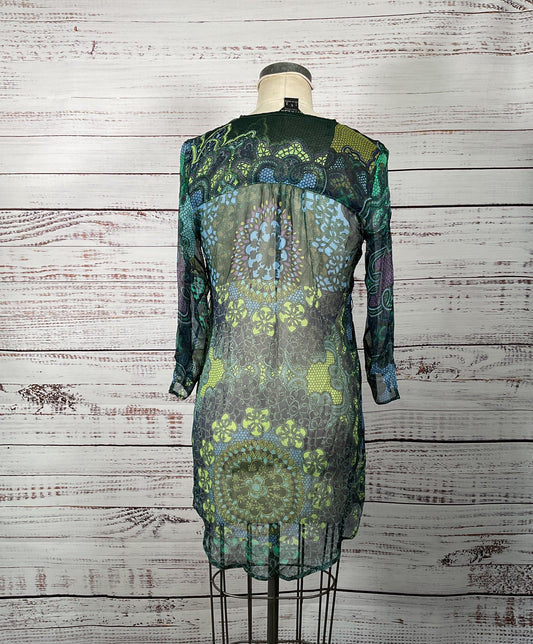 Gorgeous Citron 100% Silk Paisley Print Sheer 3/4 Sleeve Tunic - Size Small