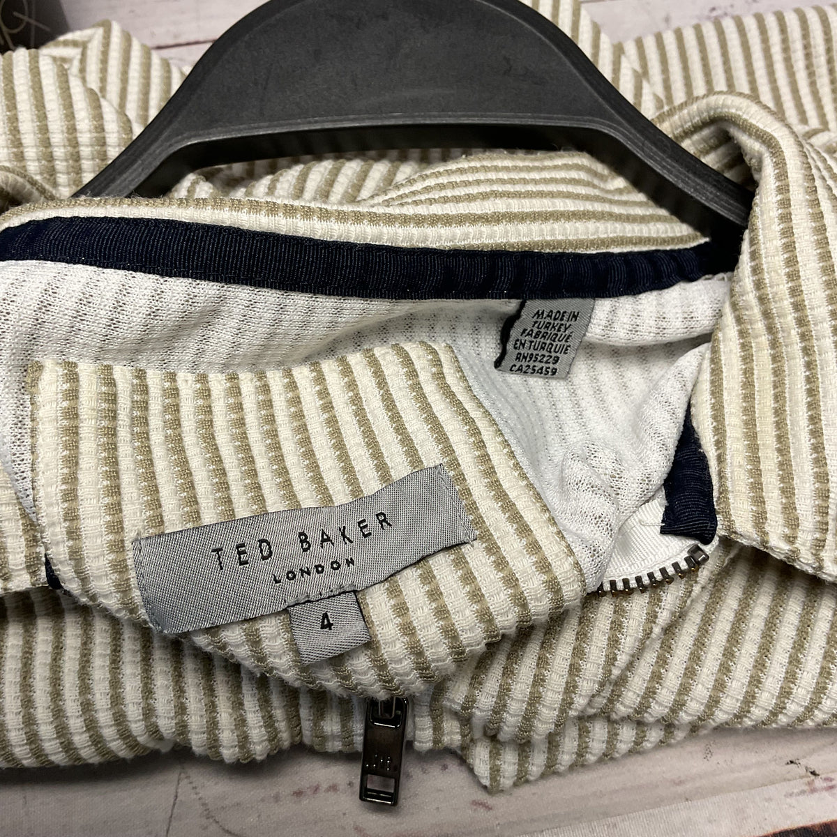 Ted Baker White Tan Striped Ribbed Knit Quarter Zip Polo Shirt - Size 4