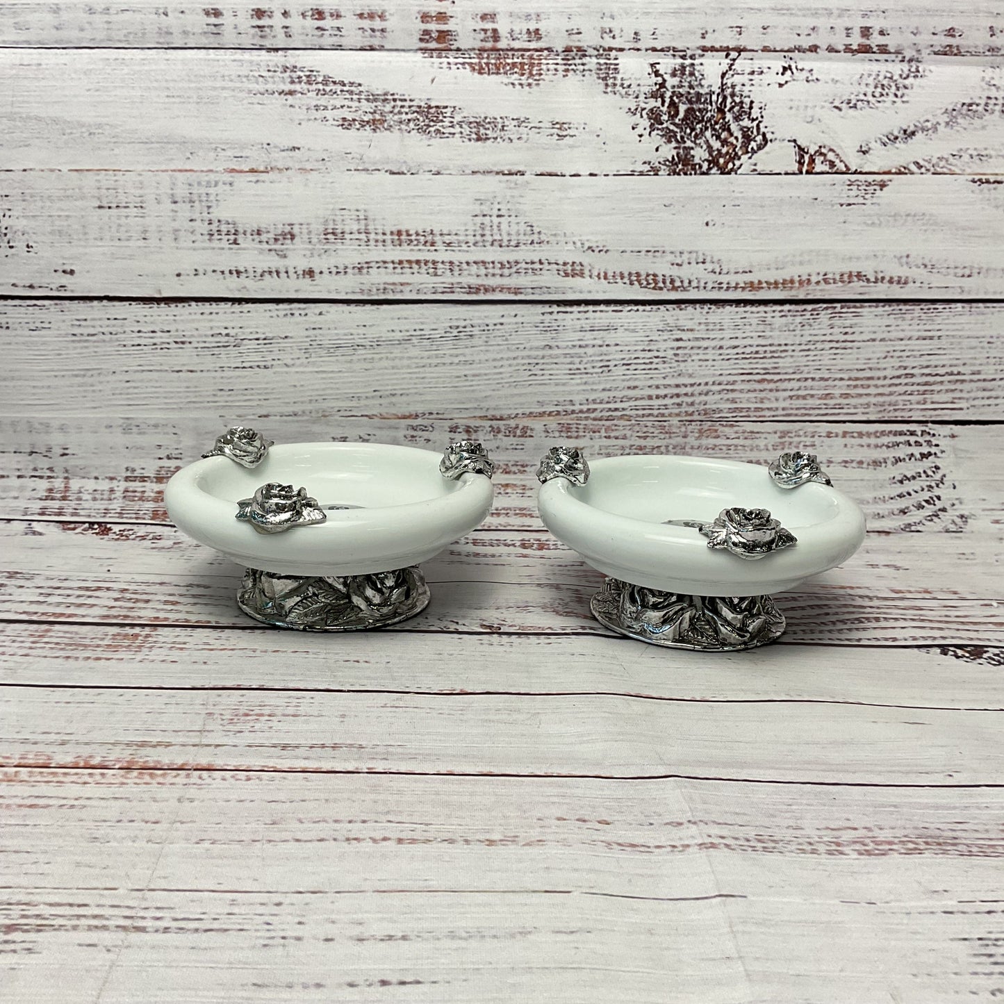 White Ceramic Silver Tone Roses Eden Candle Holders Pair of 2 Made in Italy