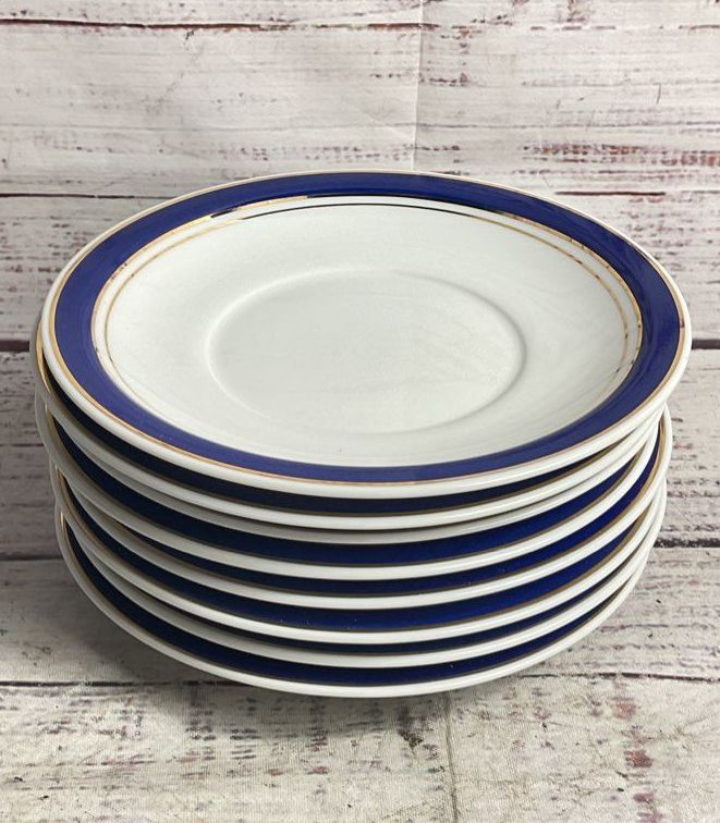 Crown Porcelain Prestige 6" Set of 8 Rim Saucers White Blue