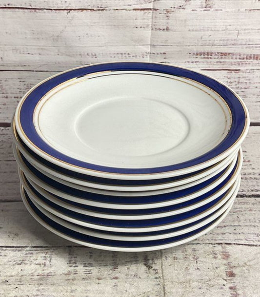 Crown Porcelain Prestige 6" Set of 8 Rim Saucers White Blue