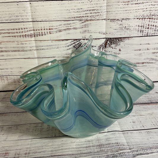 MURANO Style Handkerchief Blue Green Swirl Art Glass Bowl- 12" x 7.75"