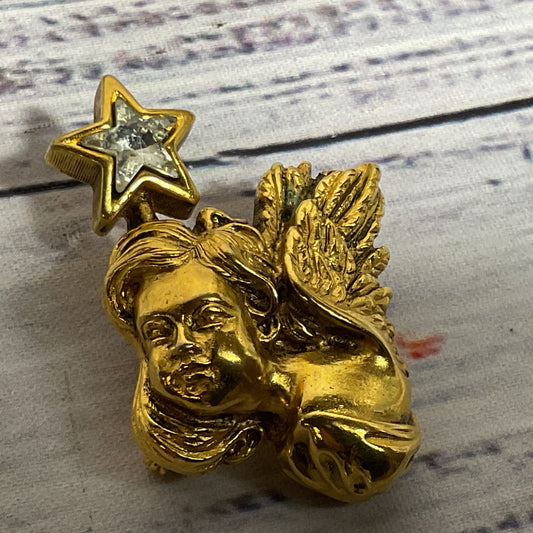 VTG. BARRERA Gold Tone & Rhinestone Cherub & Star Brooch- 2"