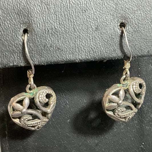 Sterling Silver Pierced Heart 1.25" Dangle Earrings- 7.08g