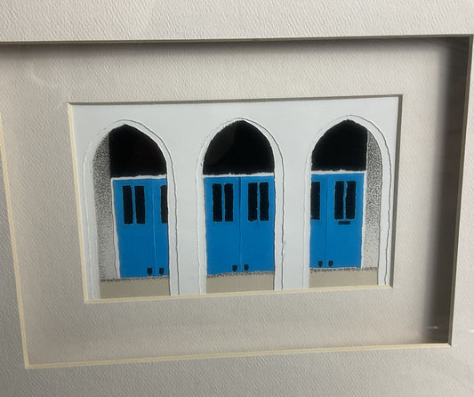 Blue Doors & Arches Mixed Media Signed Framed Wall Art
