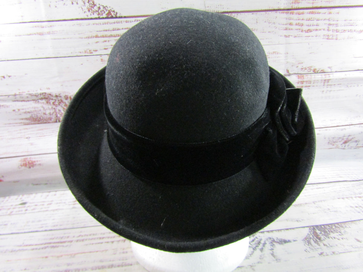 Scala Women's Black Wool Floral Velvet Trim Cloche Hat Size S