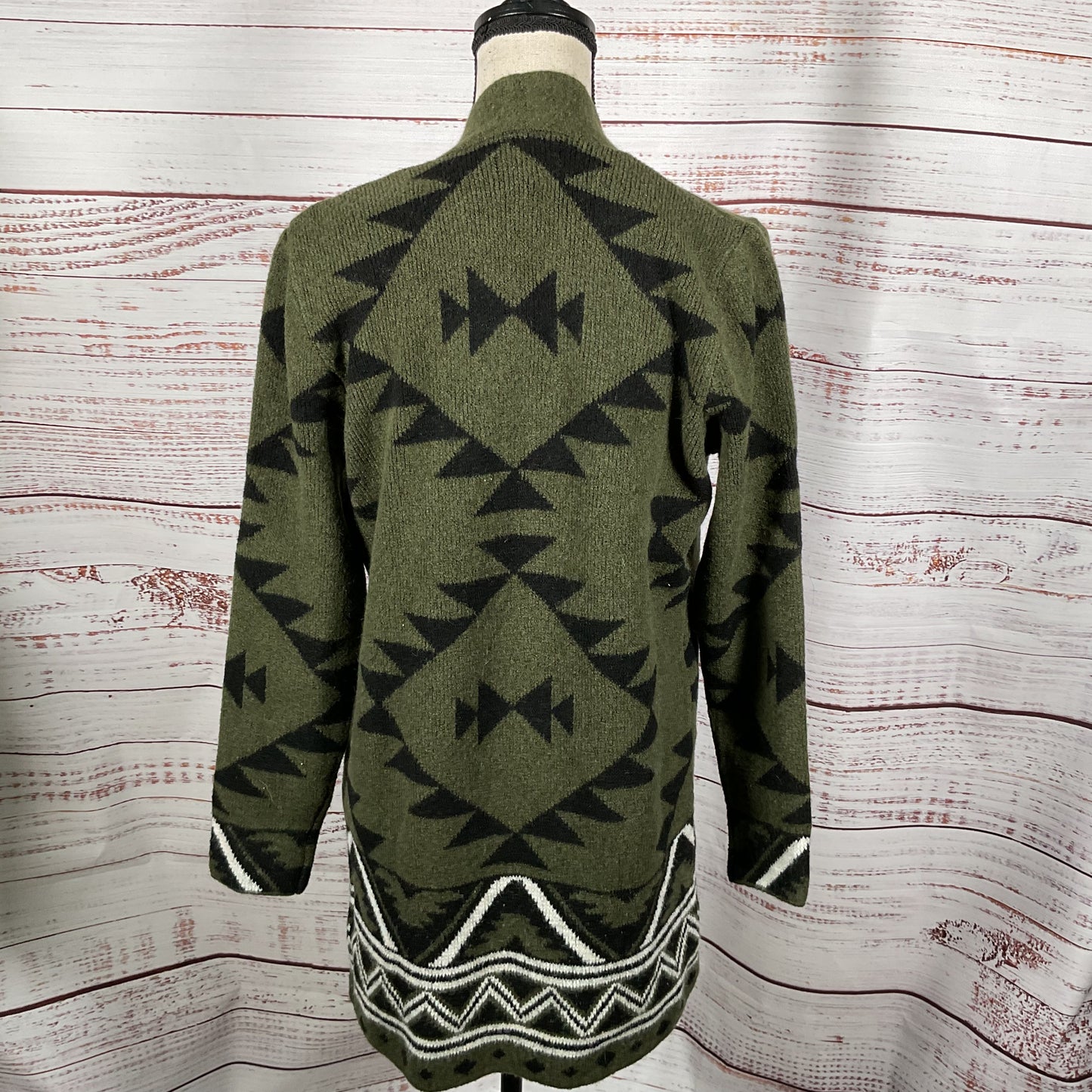 NWT FRYE Women's Green Native Design Long Open Front Cardigan Sweater- SZ S