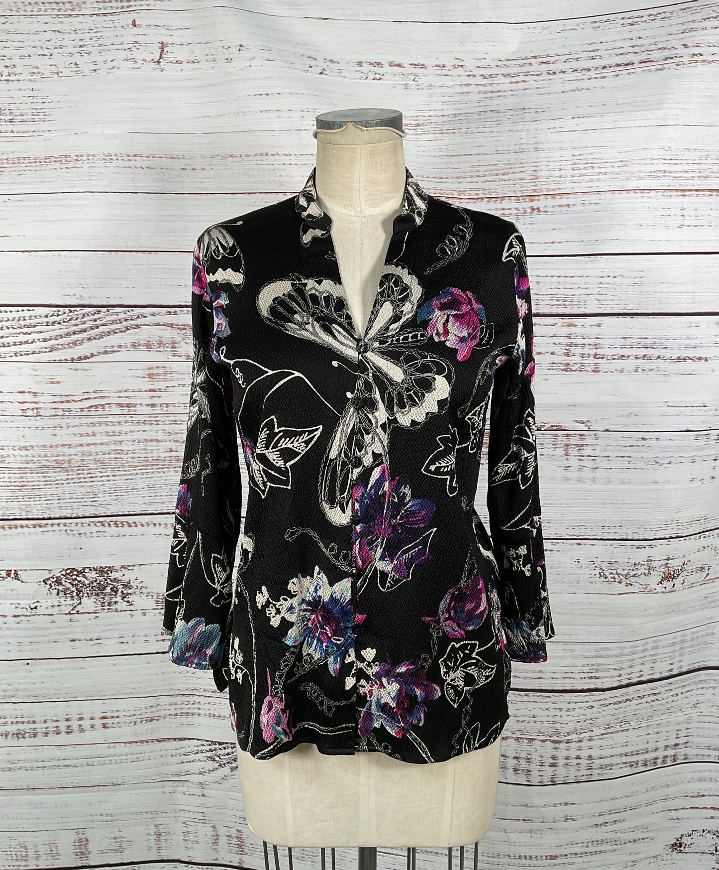 Citron Black Butterfly Button-Up Blouse 95% Silk - Size Small