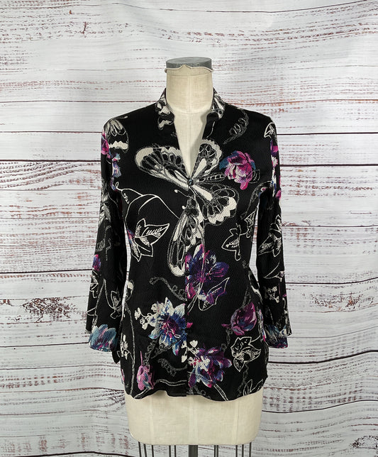 Citron Black Butterfly Button-Up Blouse 95% Silk - Size Small