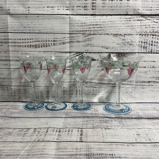 Set Of 4 Orrefors Sweden Maja Hand-Painted Floral Wine Glasses