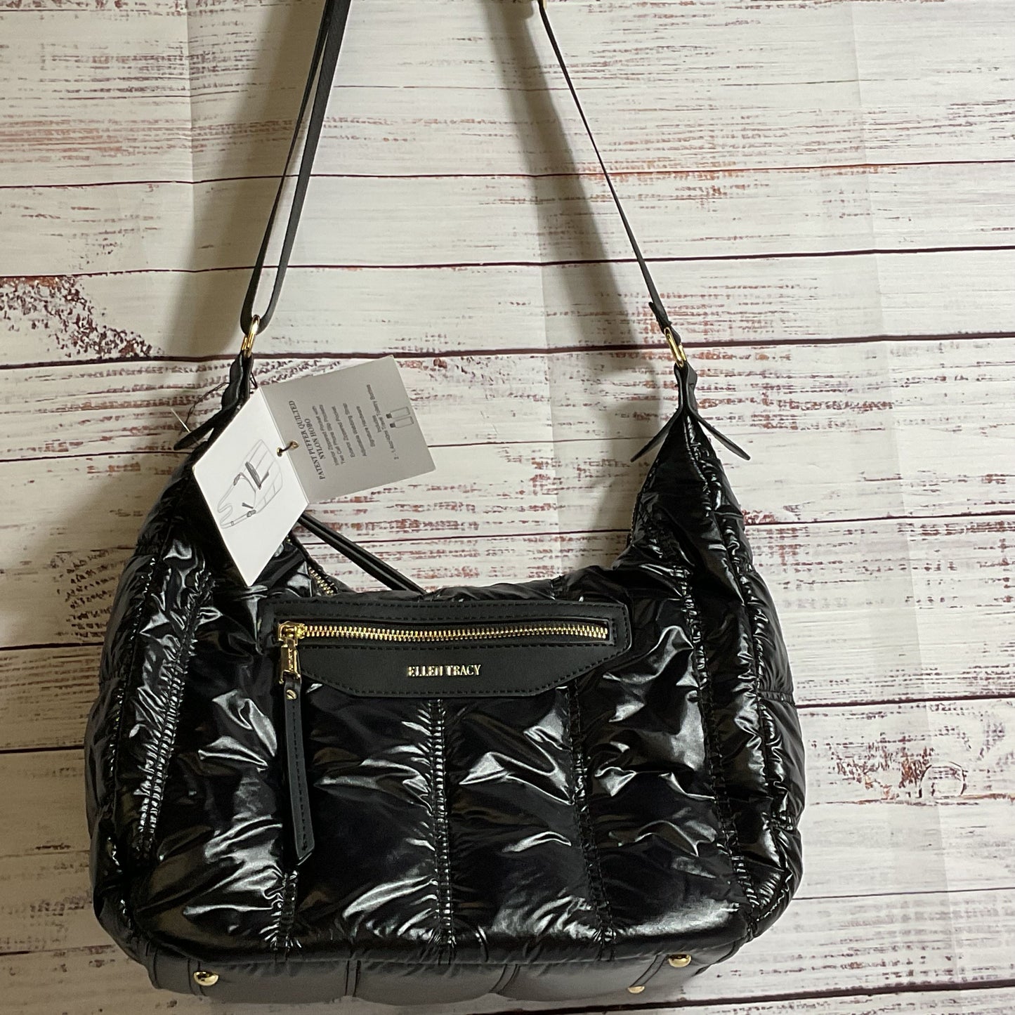 NWT ELLEN TRACY The Teagan Black Patent Puffer Quilted Nylon Hobo Crossbody