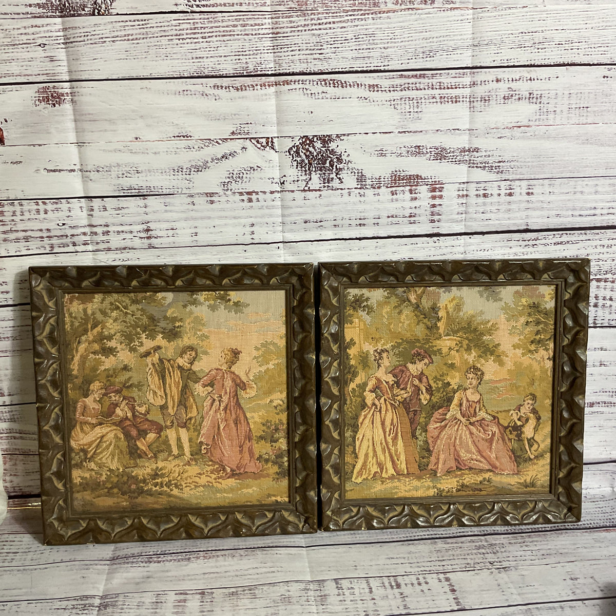 Set of 2 VTG./ANTIQUE French Tapestry Wall Art- FRAMED 10.5" X 10.75"
