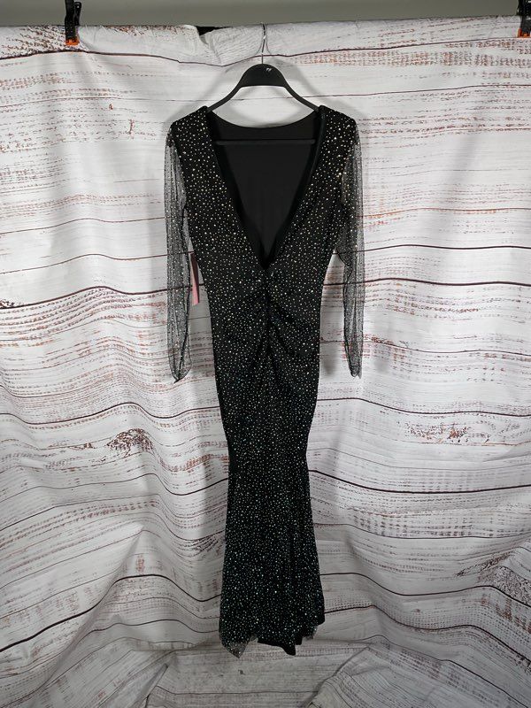 NEW Aqua X Wicked Embellished Twist Maxi Dress Size XS In Black Rhinestones