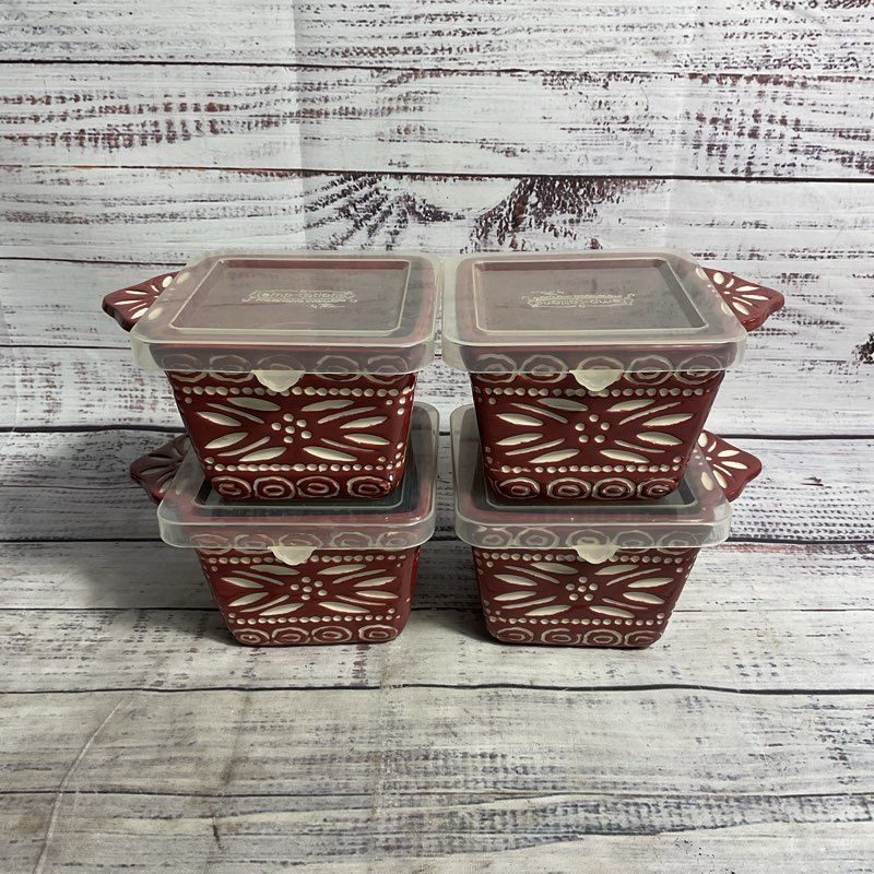 Temptations By Tara Set Of 4 Red Carved Old World 10 Oz Baker Dishes W/ Lids