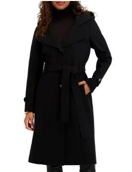 KENSIE Women's Black Hooded Belted Overcoat- SZ M