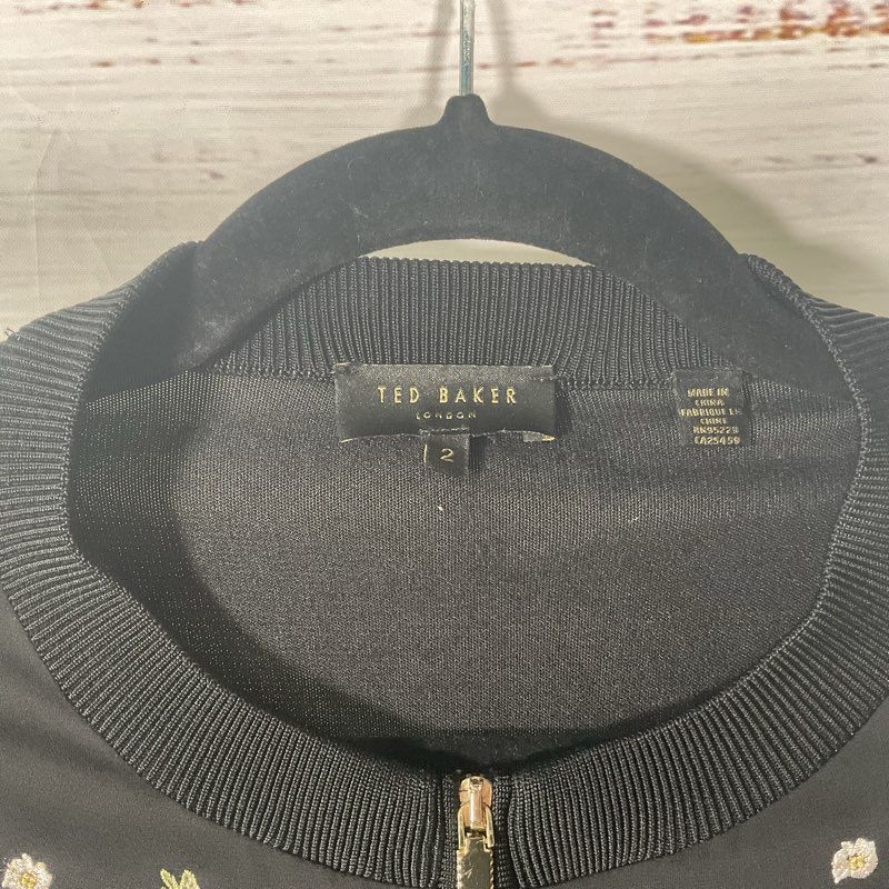 Ted Baker Black Floral Embroidered Full Zip Cardigan Bomber Jacket - Size 2