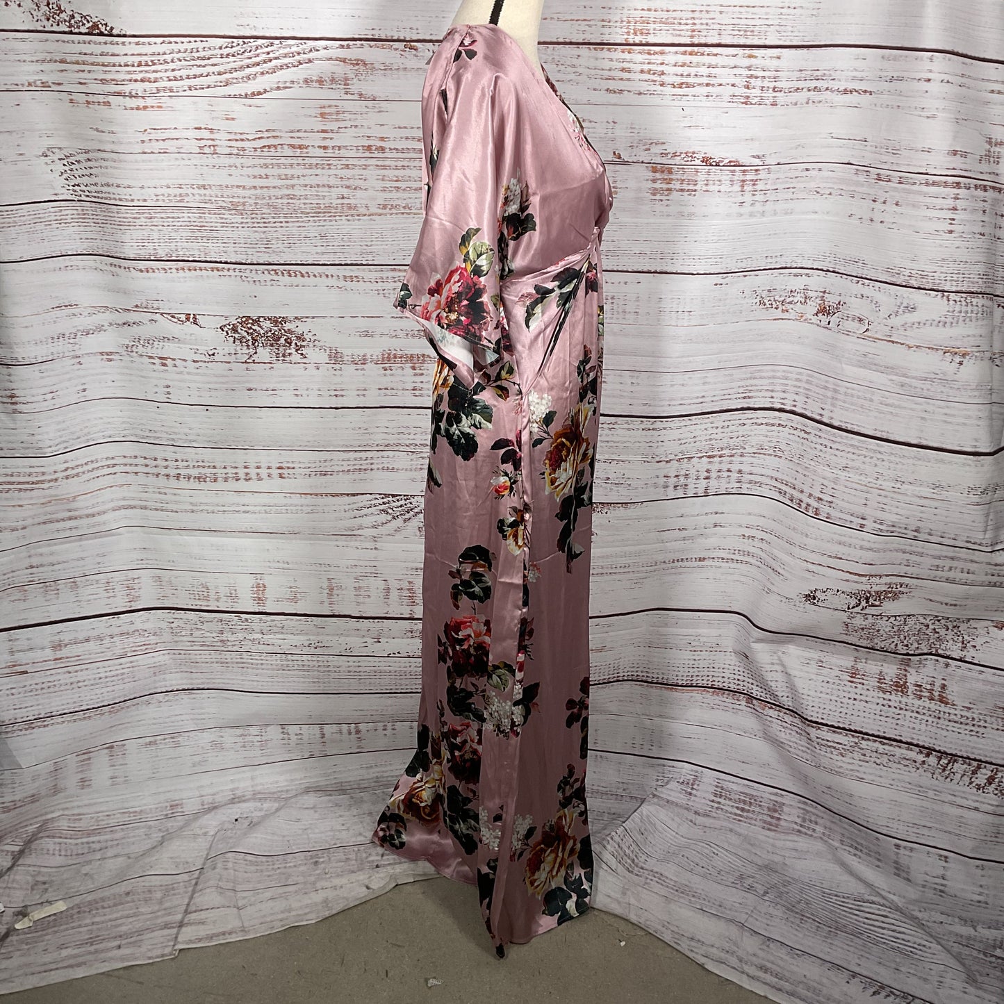 Hope & Ivy Pink Floral Print Kemono Sleeve Satin Maxi Dress - Size 12 New