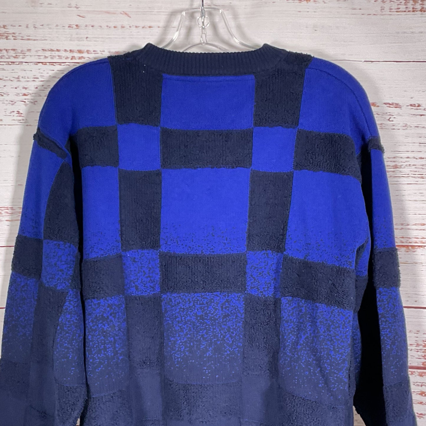 PERCIVAL Men's Blue Color Block Checkered Crew Sweater- SZ M